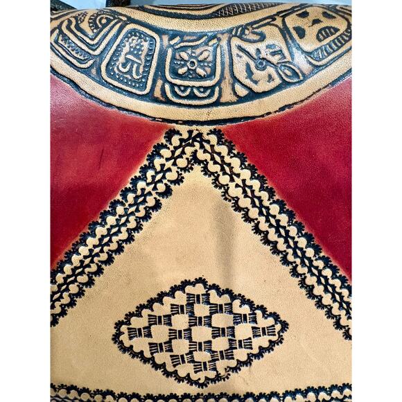 Vintage Leather Crossbody Bag Handmade in Mexico - Red Beige Black - Mint Cond! - Picture 10 of 11